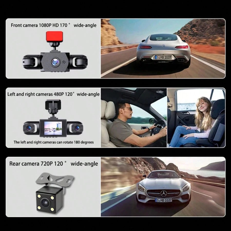 SIDAKEYE Driving Recorder, 360 ° Panoramic 4 Lens Setup, 3.16-Inch IPS Display Screen, 1080P Front And 720P Left/Right Cameras, All-Round Monitoring Camera Coverage, Reverse Camera, High-Definition Ni