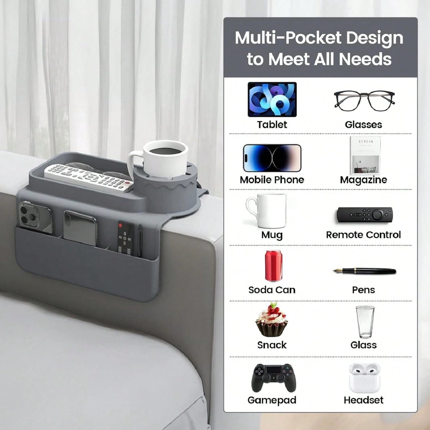 Silicone Couch Cup Holder With 4 Pocket, Multifunctional Drink Organizer, Dirt-Resistant And Anti-Slip Sofa Armrest Tray, Dual Sided Caddy, Foldable Sofa Storage Tablets, Mobile Phones, Remote Control