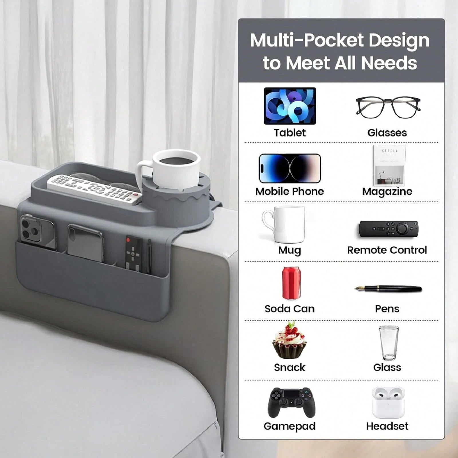 Silicone Couch Cup Holder With 4 Pocket, Multifunctional Drink Organizer, Dirt-Resistant And Anti-Slip Sofa Armrest Tray, Dual Sided Caddy, Foldable Sofa Storage Tablets, Mobile Phones, Remote Control