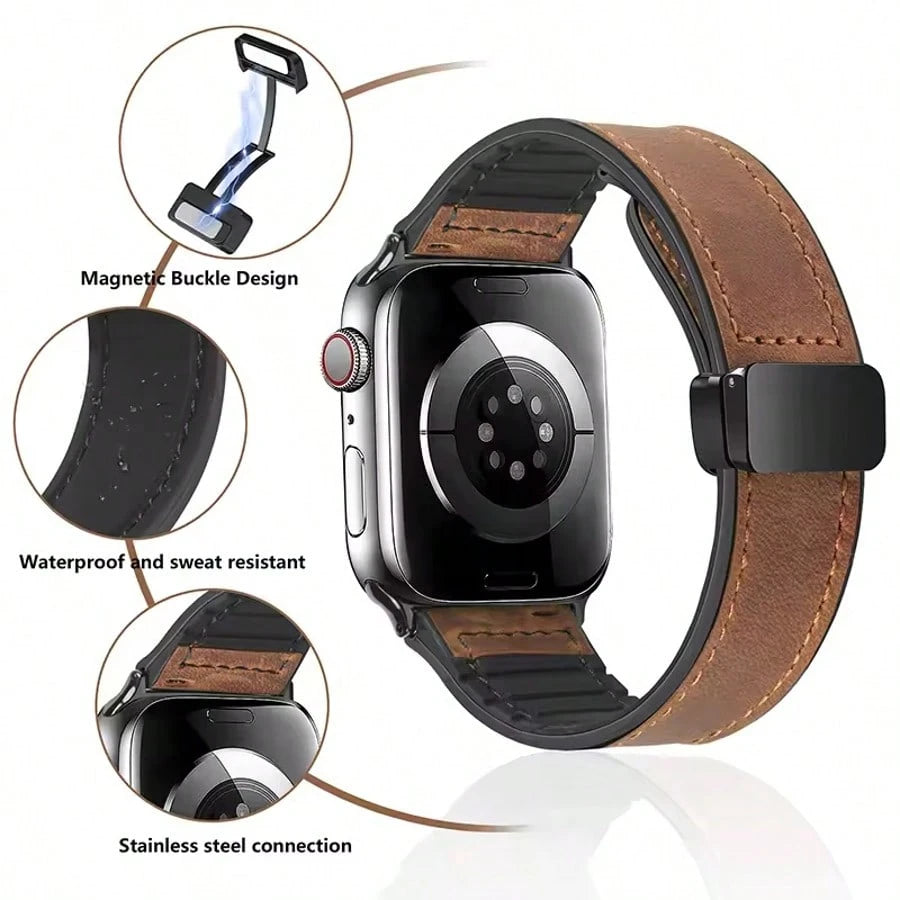 Silicone Leather Watch Band, Compatible With Apple Watch 1/2/3/4/5/6/7/8/9/10/SE/Ultra Series, Magnetic Quick Release, Sweat-Proof Breathable, Business & Casual, Unisex
