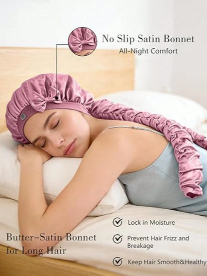 Silk-Like Satin Bonnet For Women – Long Sleep Cap With Bow, Hair Bonnet For Braids & Curls, Travel Essentials & Heatless Curls Tool.