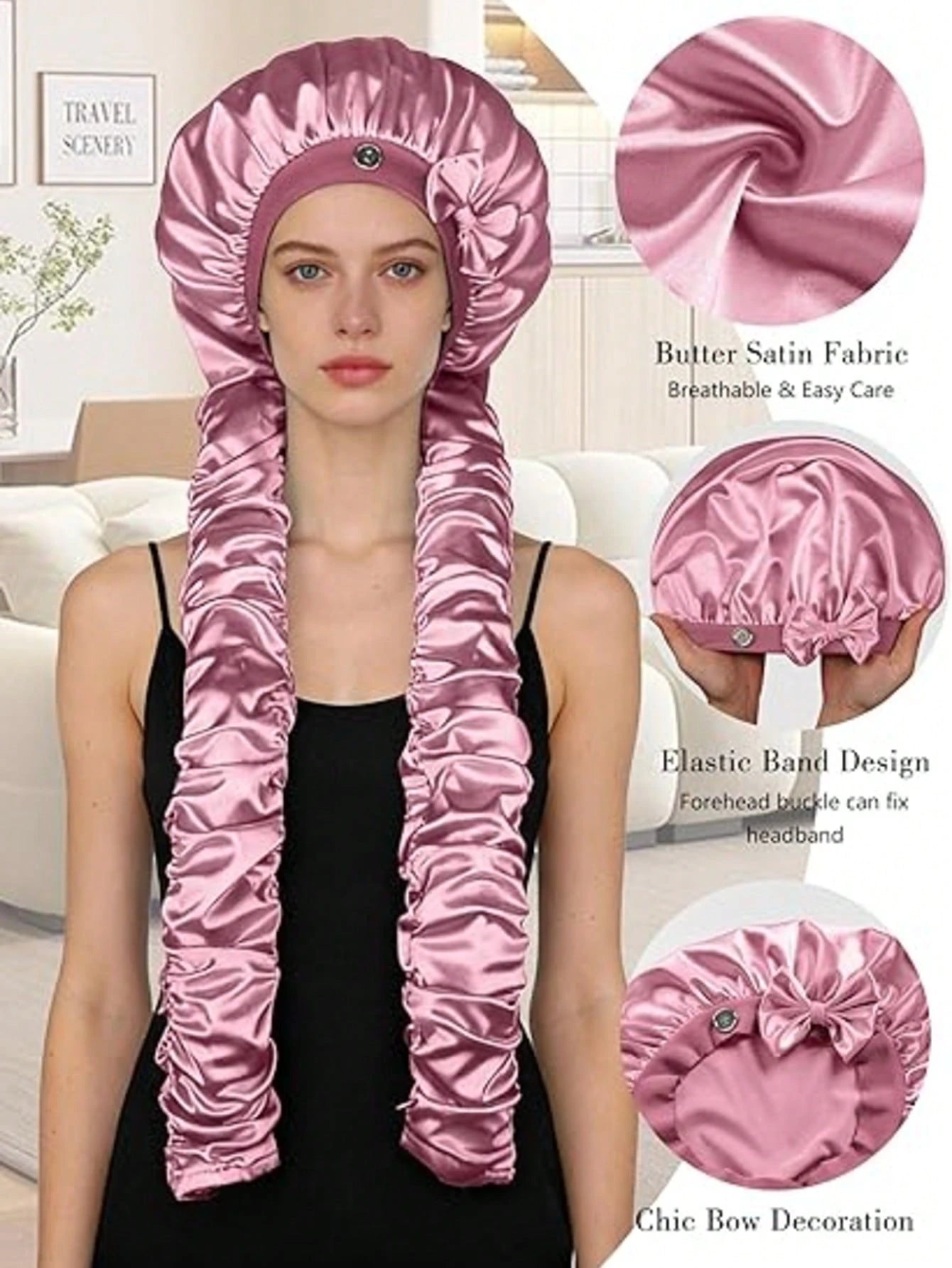 Silk-Like Satin Bonnet For Women – Long Sleep Cap With Bow, Hair Bonnet For Braids & Curls, Travel Essentials & Heatless Curls Tool.