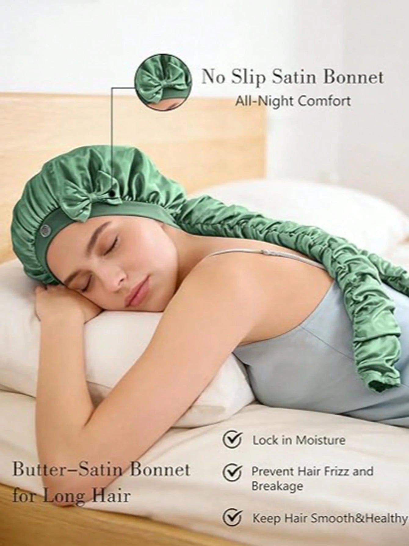 Silk-Like Satin Bonnet For Women – Long Sleep Cap With Bow, Hair Bonnet For Braids & Curls, Travel Essentials & Heatless Curls Tool.