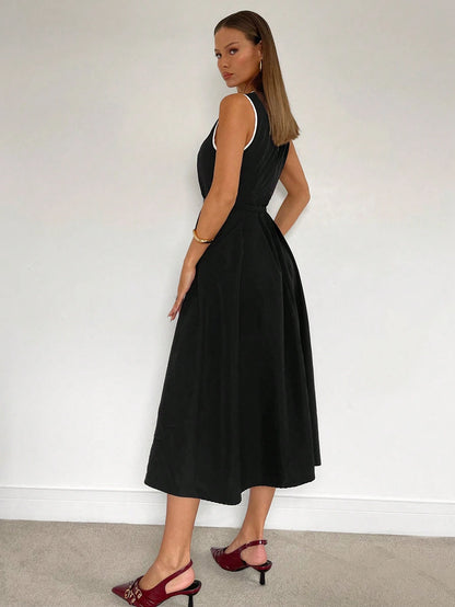 Siren Gaze Solid Color U-Neck Waist A-Hem Dress, Contrasting Trim Dress, Elegant French Women's Dress, Women's Office Date Night/Commuting Wear Summer Casual