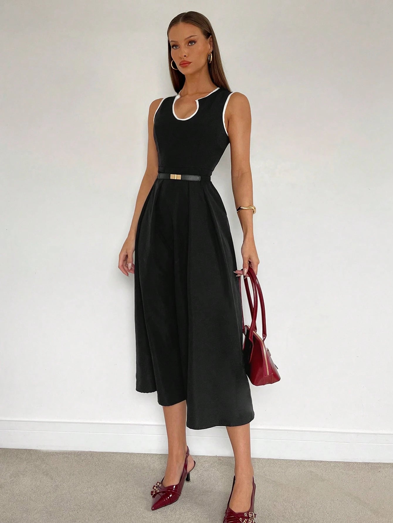 Siren Gaze Solid Color U-Neck Waist A-Hem Dress, Contrasting Trim Dress, Elegant French Women's Dress, Women's Office Date Night/Commuting Wear Summer Casual
