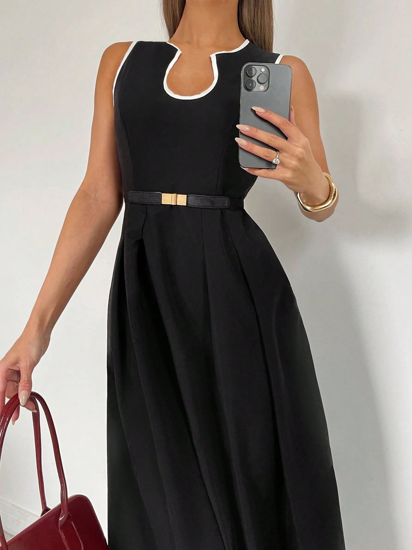Siren Gaze Solid Color U-Neck Waist A-Hem Dress, Contrasting Trim Dress, Elegant French Women's Dress, Women's Office Date Night/Commuting Wear Summer Casual