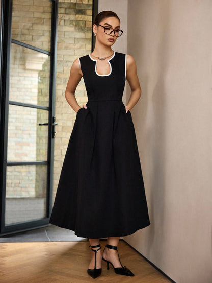 Siren Gaze Solid Color U-Neck Waist A-Hem Dress, Contrasting Trim Dress, Elegant French Women's Dress, Women's Office Date Night/Commuting Wear Summer Casual