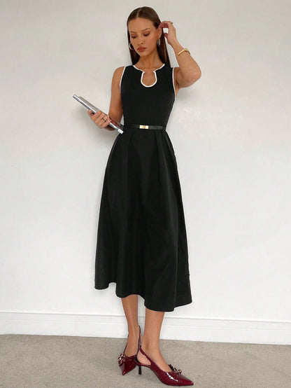 Siren Gaze Solid Color U-Neck Waist A-Hem Dress, Contrasting Trim Dress, Elegant French Women's Dress, Women's Office Date Night/Commuting Wear Summer Casual