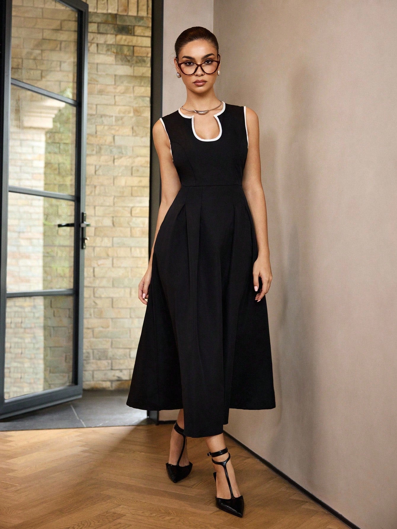 Siren Gaze Solid Color U-Neck Waist A-Hem Dress, Contrasting Trim Dress, Elegant French Women's Dress, Women's Office Date Night/Commuting Wear Summer Casual