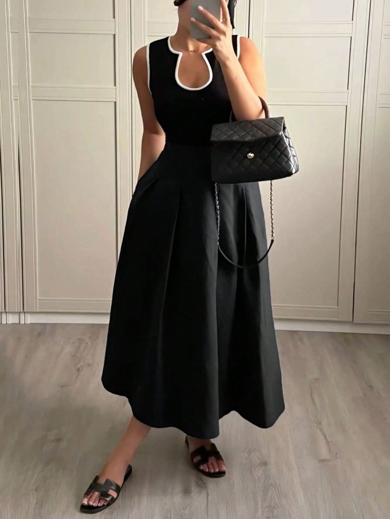 Siren Gaze Solid Color U-Neck Waist A-Hem Dress, Contrasting Trim Dress, Elegant French Women's Dress, Women's Office Date Night/Commuting Wear Summer Casual
