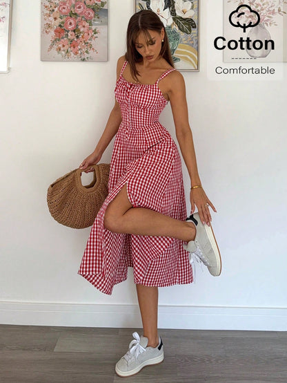 Siren Gaze Women Plaid Strap Mid-Calf Dress, Fashionable And Suitable For Summer Oktoberfest Casual Tropical European Sexy Beach Vacation Resort Red And White