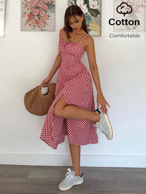 Siren Gaze Women Plaid Strap Mid-Calf Dress, Fashionable And Suitable For Summer Oktoberfest Casual Tropical European Sexy Beach Vacation Resort Red And White