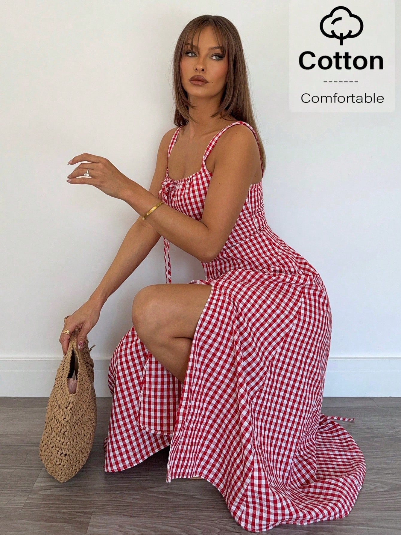 Siren Gaze Women Plaid Strap Mid-Calf Dress, Fashionable And Suitable For Summer Oktoberfest Casual Tropical European Sexy Beach Vacation Resort Red And White