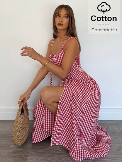 Siren Gaze Women Plaid Strap Mid-Calf Dress, Fashionable And Suitable For Summer Oktoberfest Casual Tropical European Sexy Beach Vacation Resort Red And White