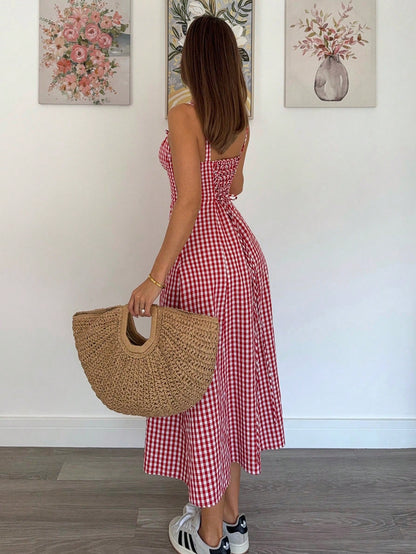 Siren Gaze Women Plaid Strap Mid-Calf Dress, Fashionable And Suitable For Summer Oktoberfest Casual Tropical European Sexy Beach Vacation Resort Red And White