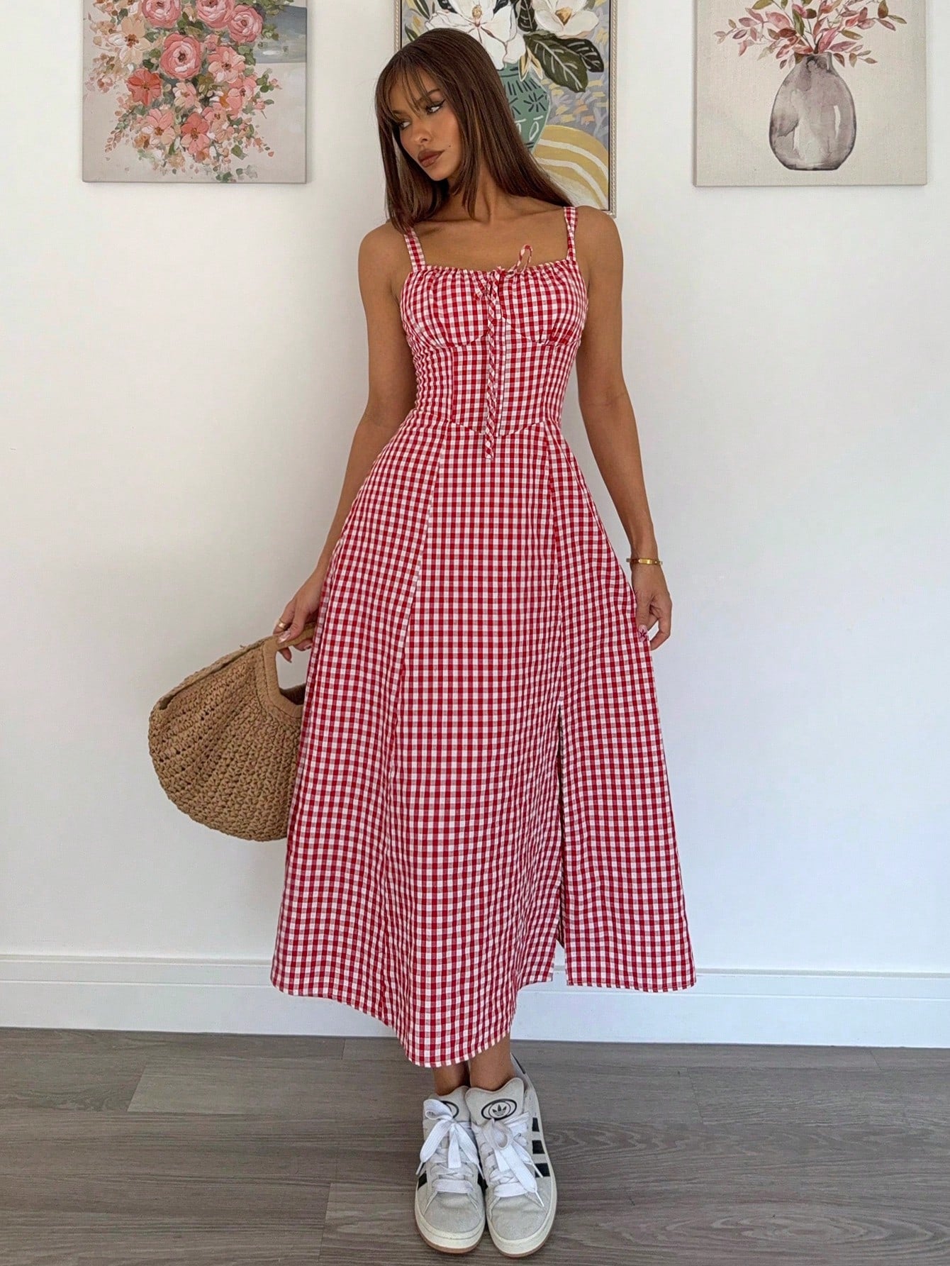 Siren Gaze Women Plaid Strap Mid-Calf Dress, Fashionable And Suitable For Summer Oktoberfest Casual Tropical European Sexy Beach Vacation Resort Red And White