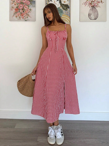 Siren Gaze Women Plaid Strap Mid-Calf Dress, Fashionable And Suitable For Summer Oktoberfest Casual Tropical European Sexy Beach Vacation Resort Red And White