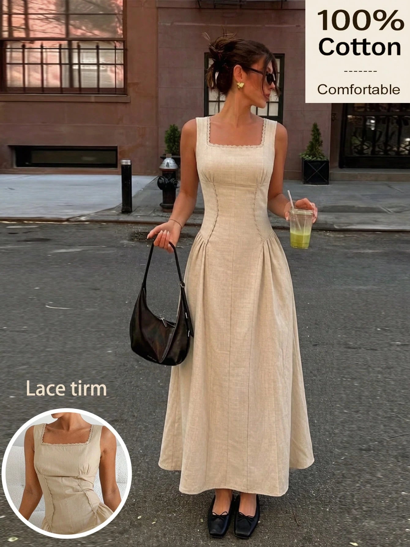 Siren Gaze Women's 100 Cotton Sleeveless Elegant French Solid Color Square Neck Flared Midi Dress,Casual Summer Splice Lace Trim Hem Tea Party Vacation Old Money