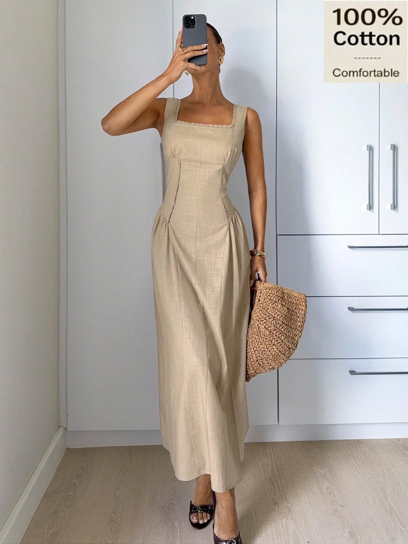 Siren Gaze Women's 100 Cotton Sleeveless Elegant French Solid Color Square Neck Flared Midi Dress,Casual Summer Splice Lace Trim Hem Tea Party Vacation Old Money