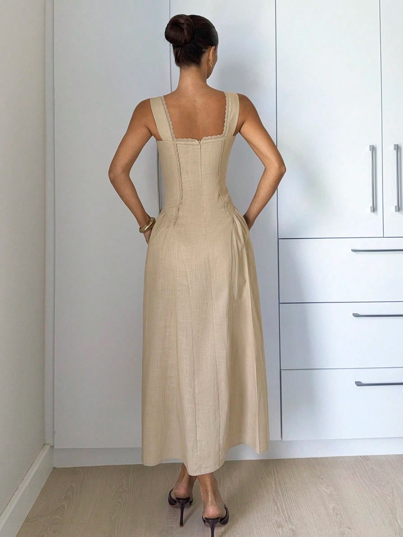 Siren Gaze Women's 100 Cotton Sleeveless Elegant French Solid Color Square Neck Flared Midi Dress,Casual Summer Splice Lace Trim Hem Tea Party Vacation Old Money