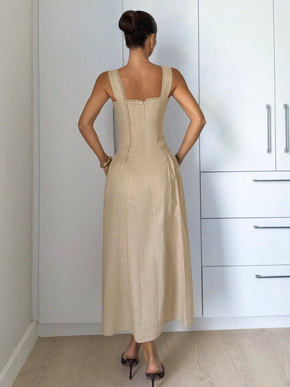 Siren Gaze Women's 100 Cotton Sleeveless Elegant French Solid Color Square Neck Flared Midi Dress,Casual Summer Splice Lace Trim Hem Tea Party Vacation Old Money