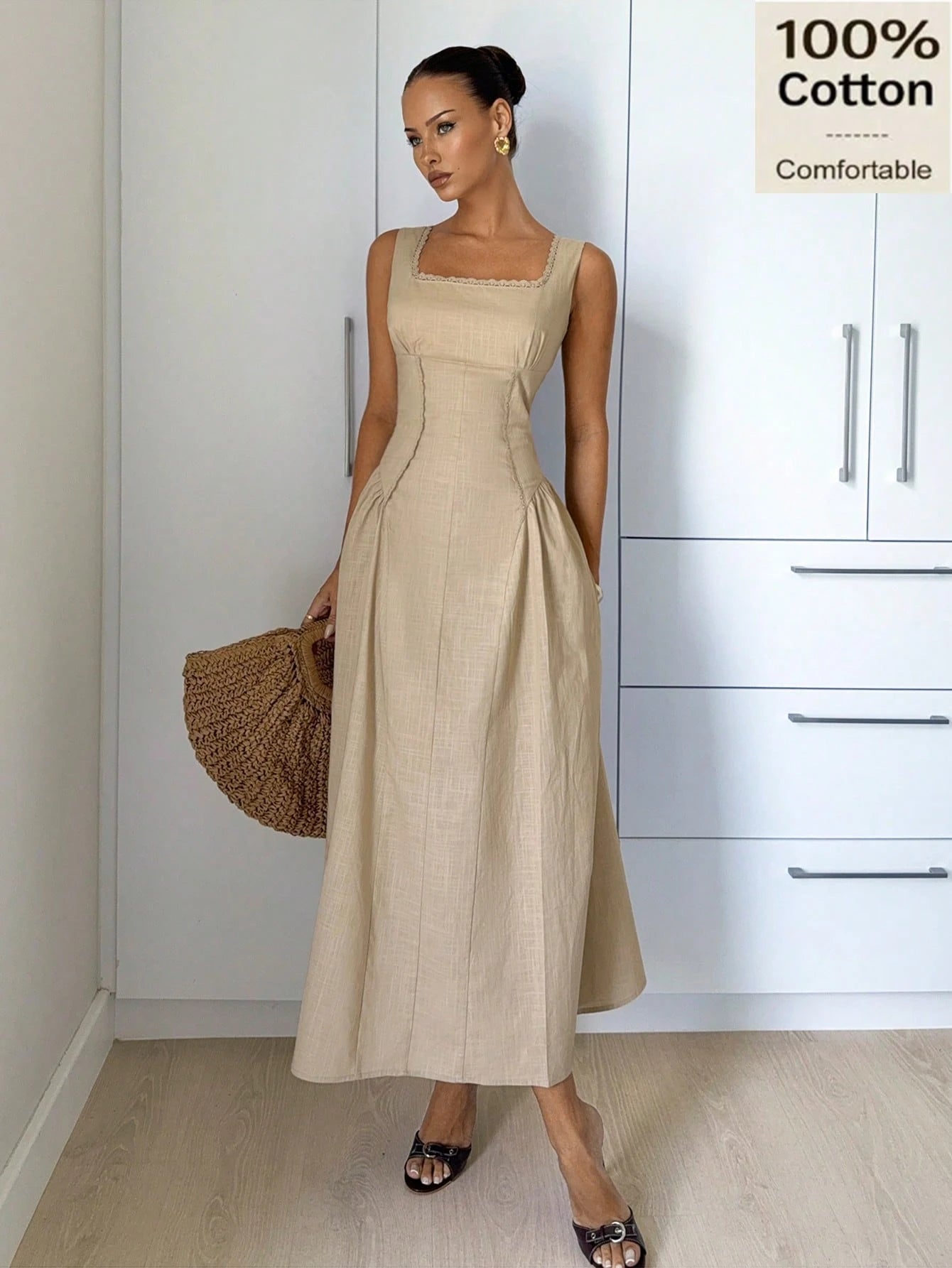 Siren Gaze Women's 100 Cotton Sleeveless Elegant French Solid Color Square Neck Flared Midi Dress,Casual Summer Splice Lace Trim Hem Tea Party Vacation Old Money