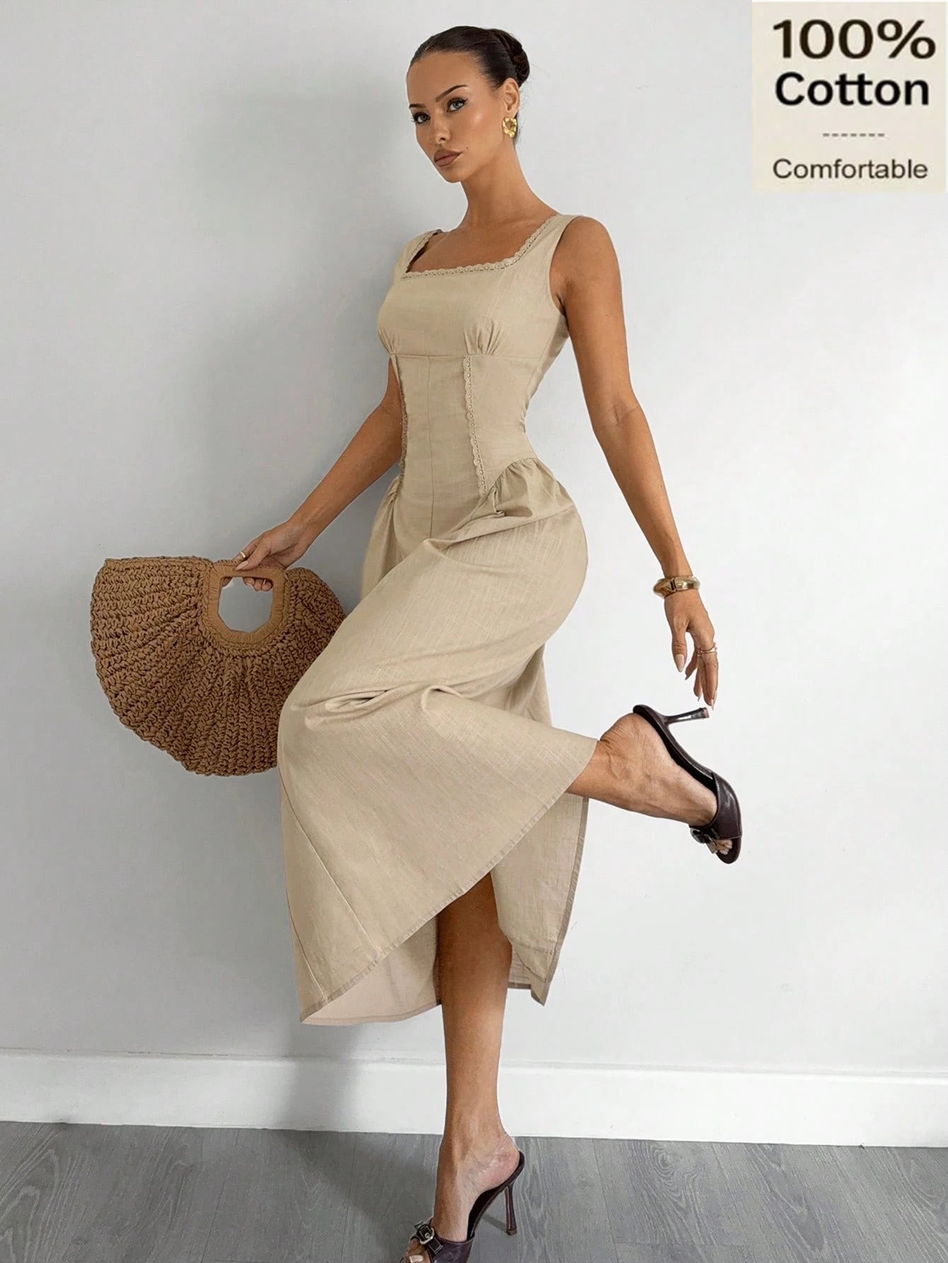 Siren Gaze Women's 100 Cotton Sleeveless Elegant French Solid Color Square Neck Flared Midi Dress,Casual Summer Splice Lace Trim Hem Tea Party Vacation Old Money