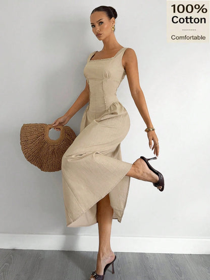 Siren Gaze Women's 100 Cotton Sleeveless Elegant French Solid Color Square Neck Flared Midi Dress,Casual Summer Splice Lace Trim Hem Tea Party Vacation Old Money