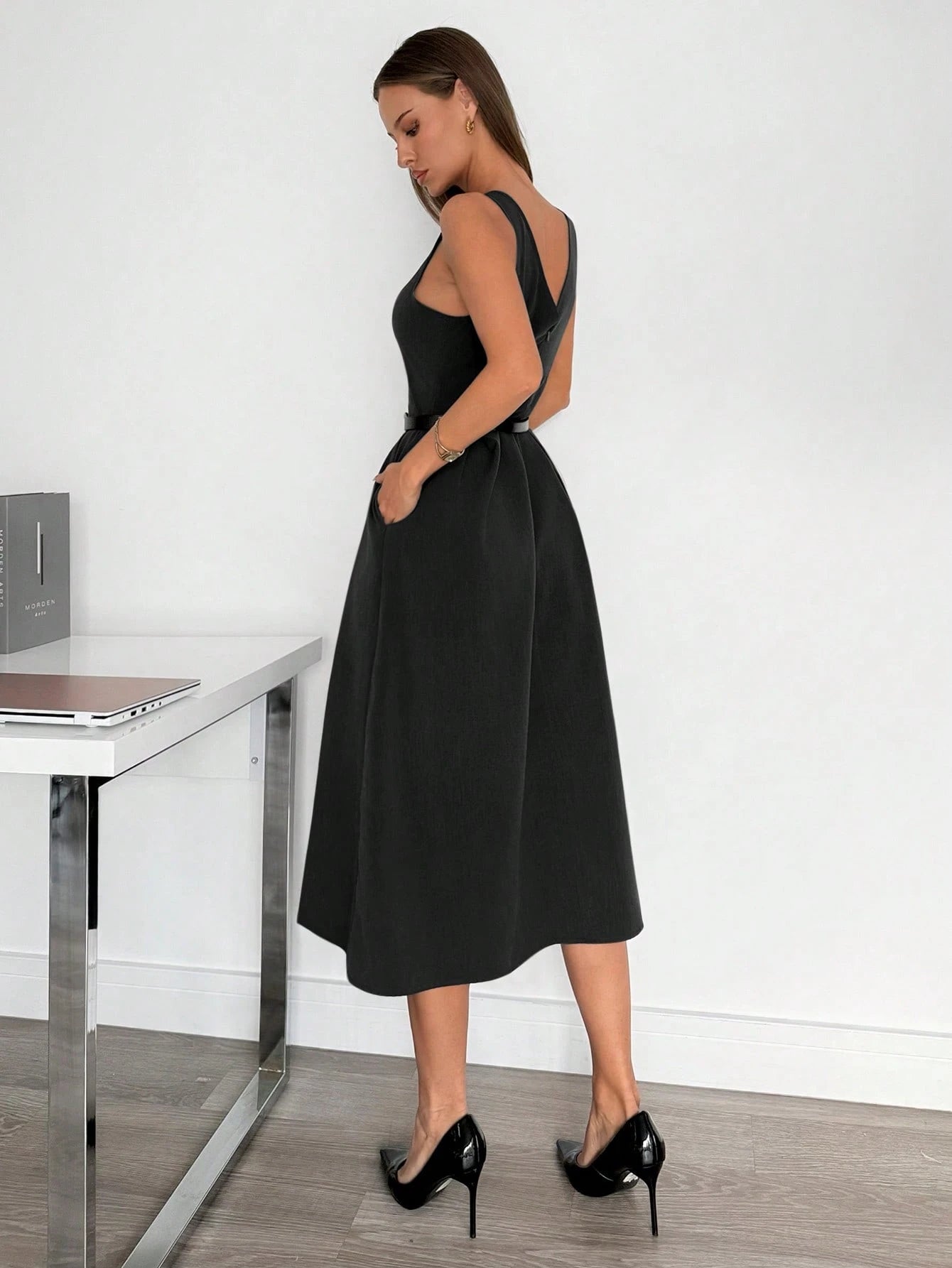 Siren Gaze Women's High-Waist Grey Sleeveless A-Line Pocket Midi Dress, Color Coordinated,Business Casual Woman Women Attire Elegant Black Summer Evening Formal