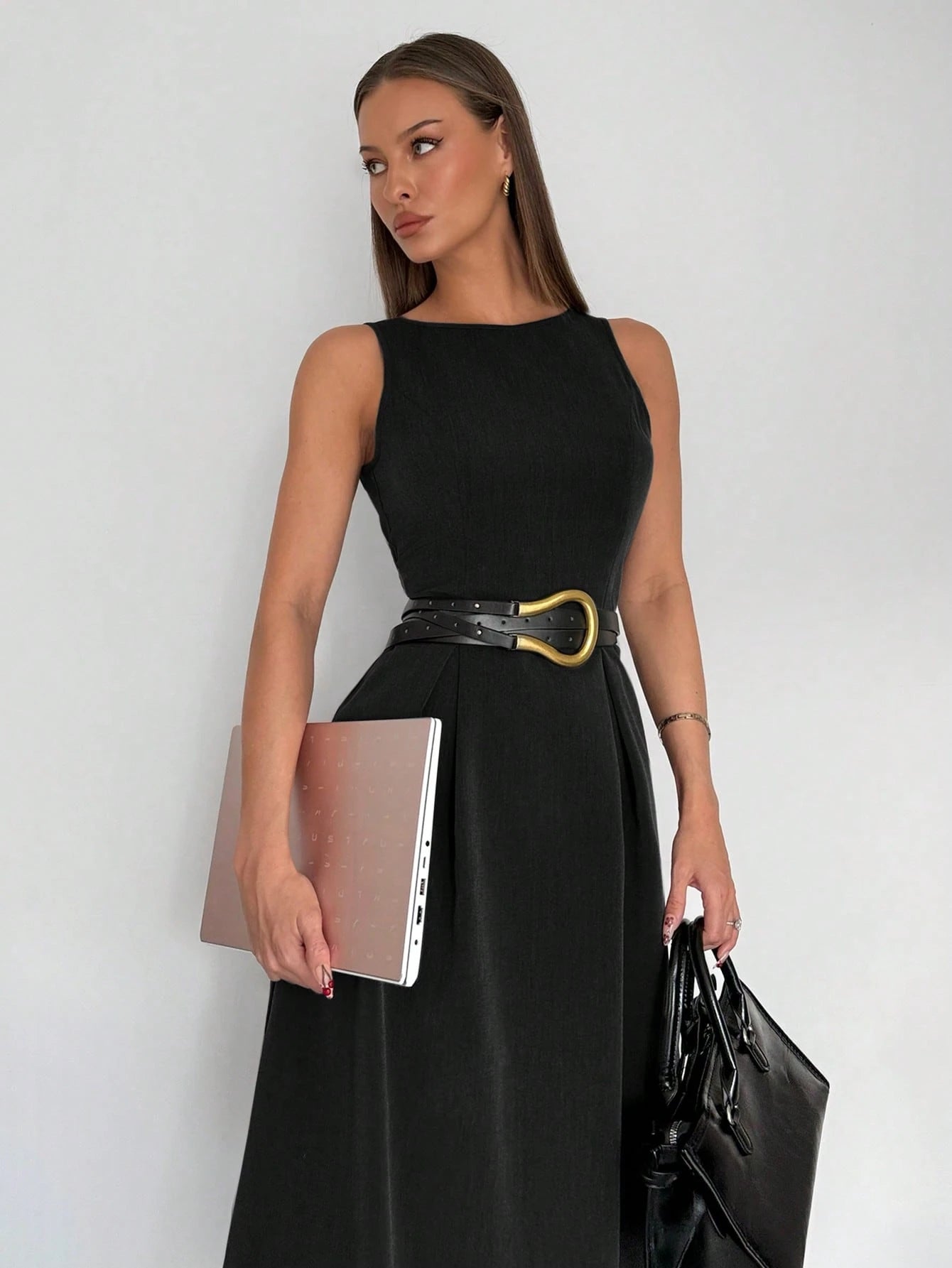 Siren Gaze Women's High-Waist Grey Sleeveless A-Line Pocket Midi Dress, Color Coordinated,Business Casual Woman Women Attire Elegant Black Summer Evening Formal