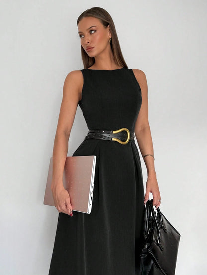 Siren Gaze Women's High-Waist Grey Sleeveless A-Line Pocket Midi Dress, Color Coordinated,Business Casual Woman Women Attire Elegant Black Summer Evening Formal