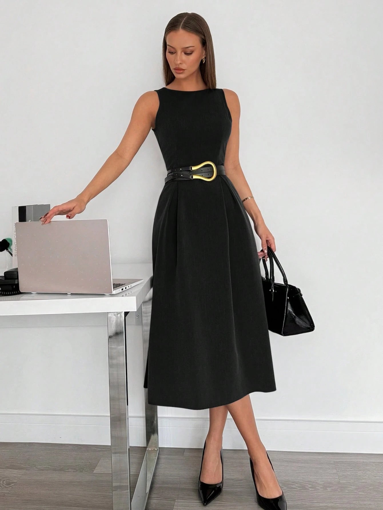 Siren Gaze Women's High-Waist Grey Sleeveless A-Line Pocket Midi Dress, Color Coordinated,Business Casual Woman Women Attire Elegant Black Summer Evening Formal