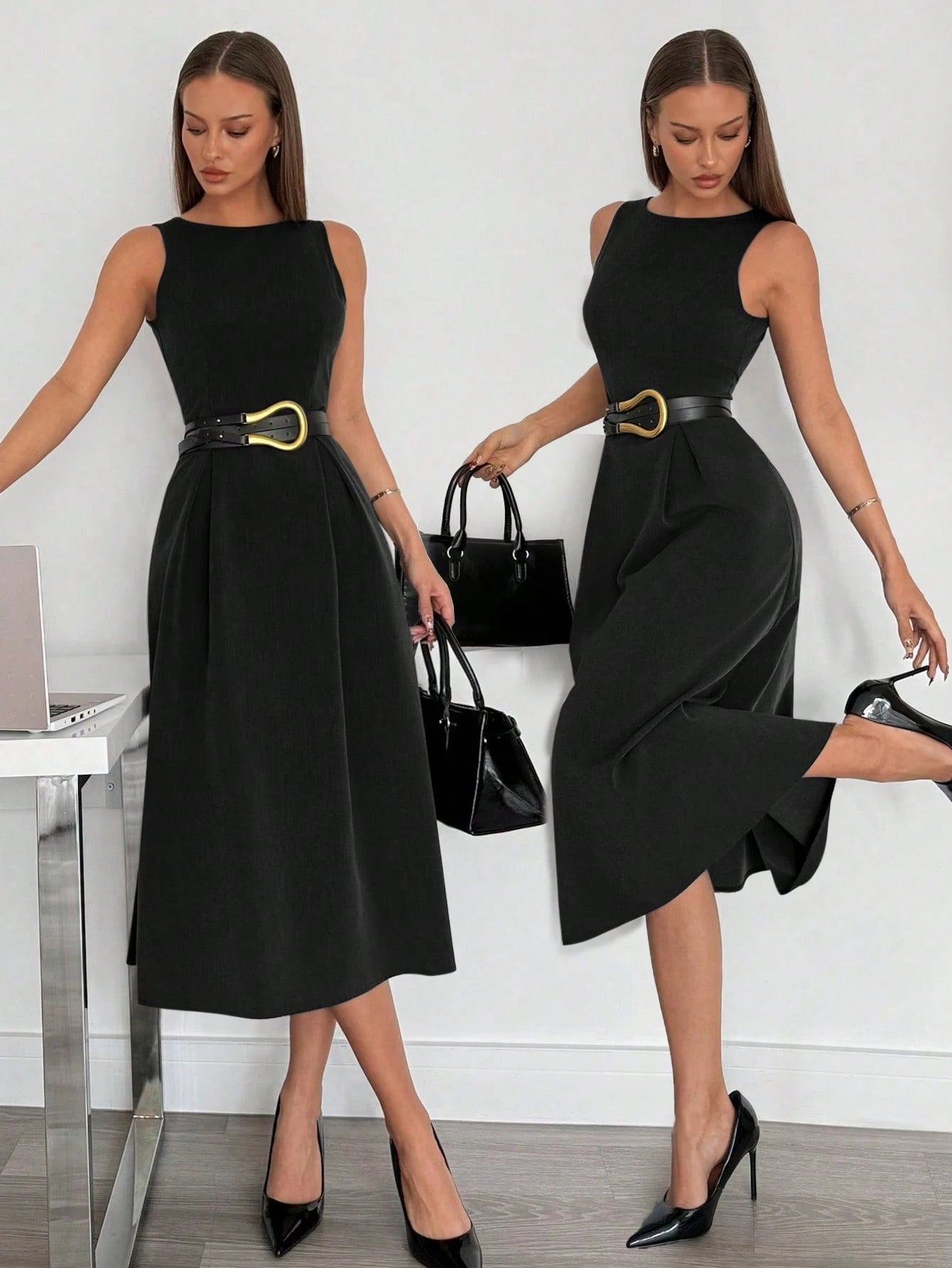 Siren Gaze Women's High-Waist Grey Sleeveless A-Line Pocket Midi Dress, Color Coordinated,Business Casual Woman Women Attire Elegant Black Summer Evening Formal