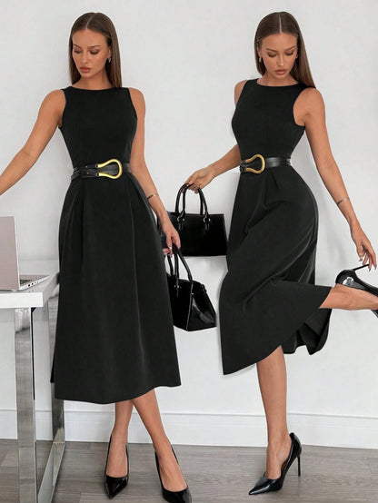 Siren Gaze Women's High-Waist Grey Sleeveless A-Line Pocket Midi Dress, Color Coordinated,Business Casual Woman Women Attire Elegant Black Summer Evening Formal