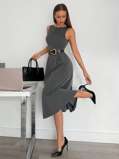 Siren Gaze Women's High-Waist Grey Sleeveless A-Line Pocket Midi Dress, Color Coordinated,Business Casual Woman Women Attire Elegant Black Summer Evening Formal