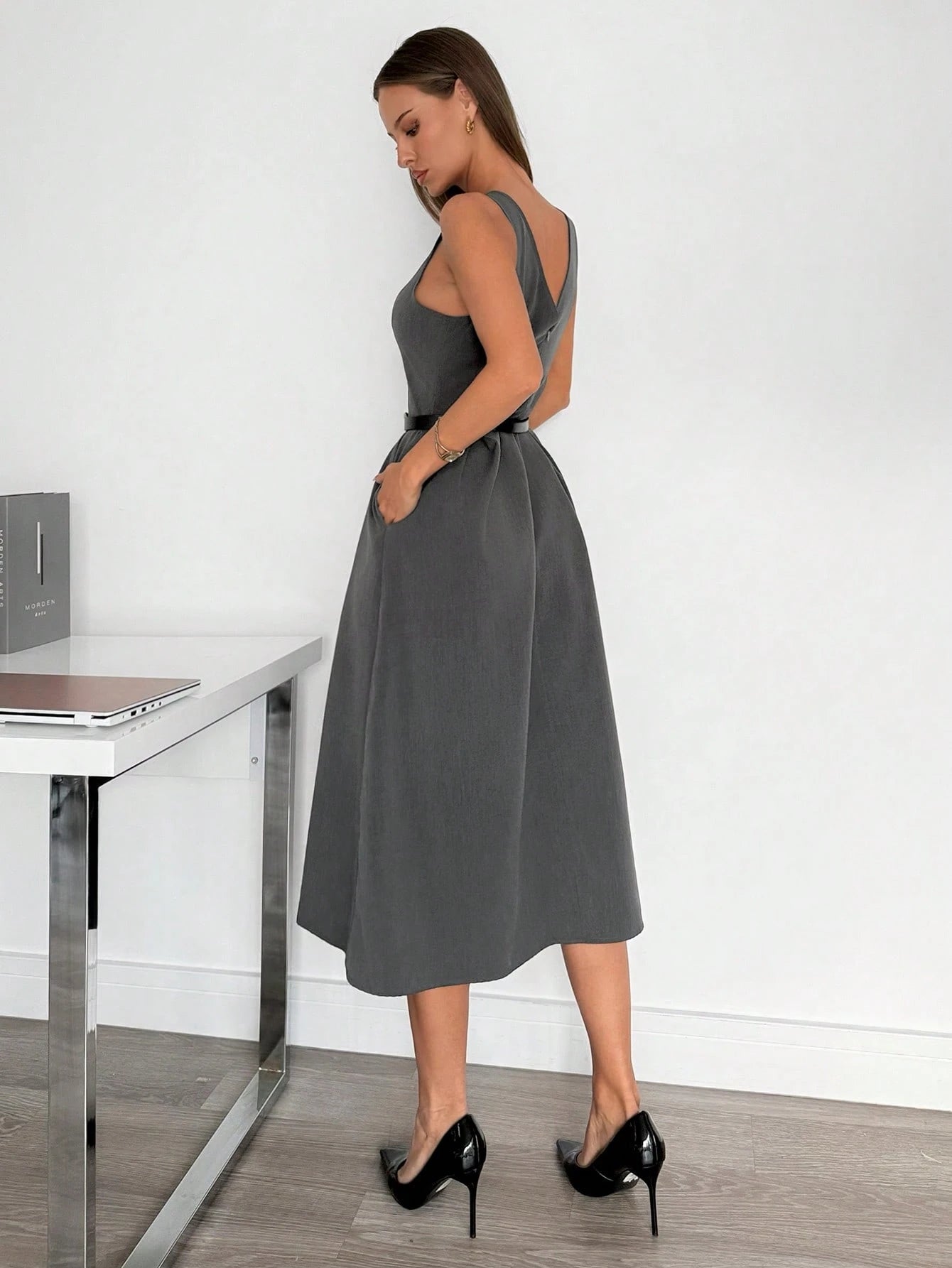 Siren Gaze Women's High-Waist Grey Sleeveless A-Line Pocket Midi Dress, Color Coordinated,Business Casual Woman Women Attire Elegant Black Summer Evening Formal