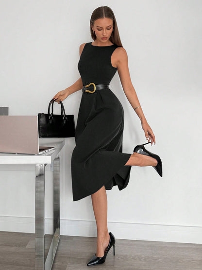 Siren Gaze Women's High-Waist Grey Sleeveless A-Line Pocket Midi Dress, Color Coordinated,Business Casual Woman Women Attire Elegant Black Summer Evening Formal