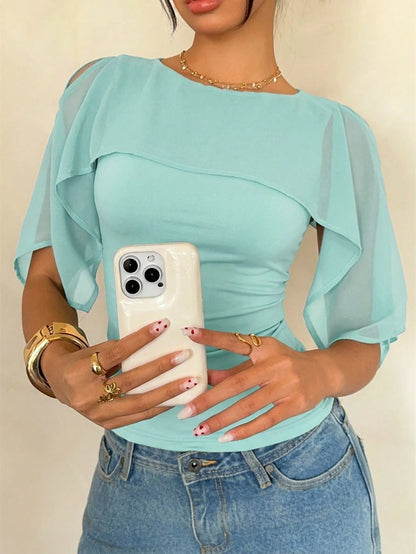 Siren Gaze Women's Solid Color Pleated Fitted Versatile Everyday Shawl Top Turquoise,Teal Blue,Light Blue