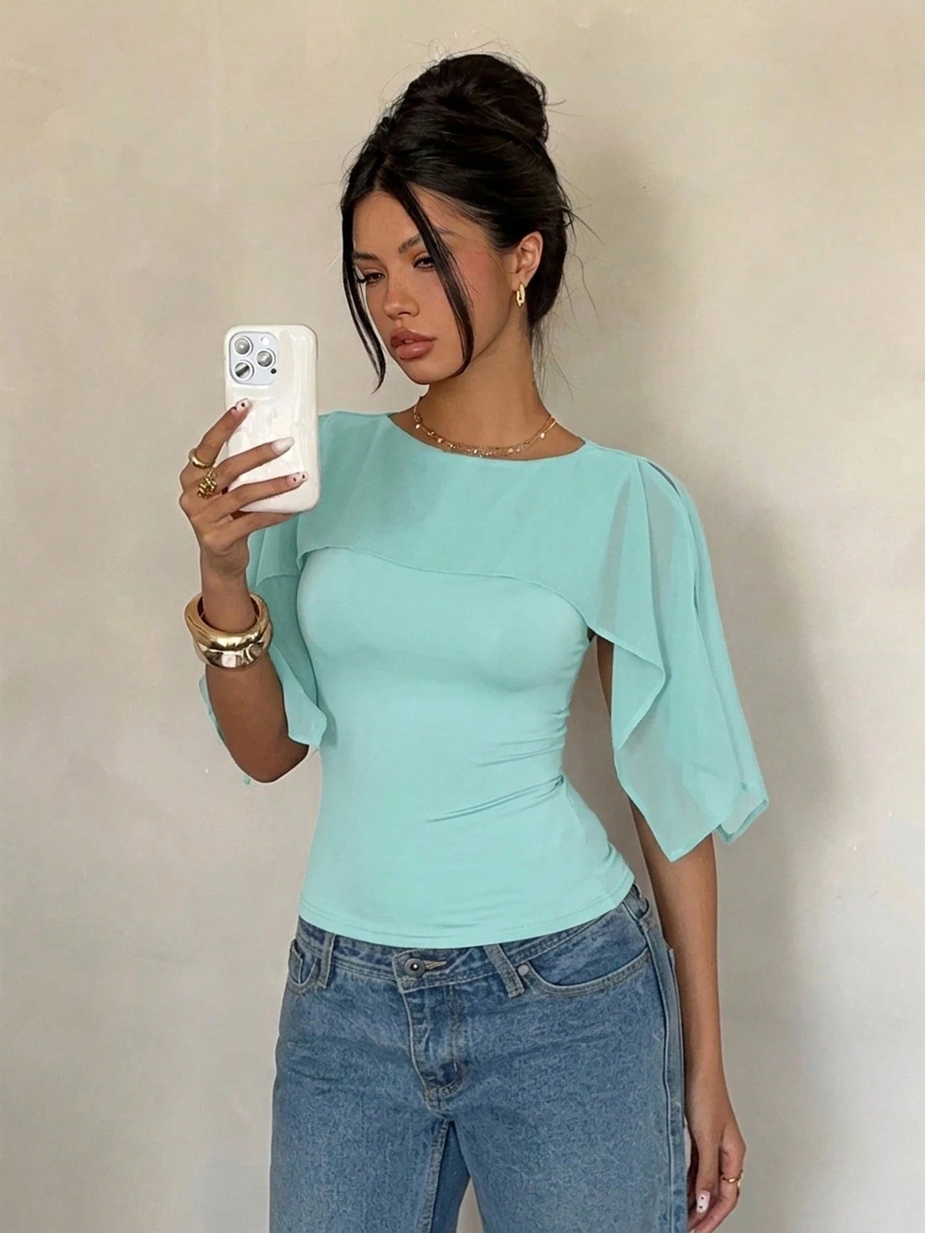 Siren Gaze Women's Solid Color Pleated Fitted Versatile Everyday Shawl Top Turquoise,Teal Blue,Light Blue