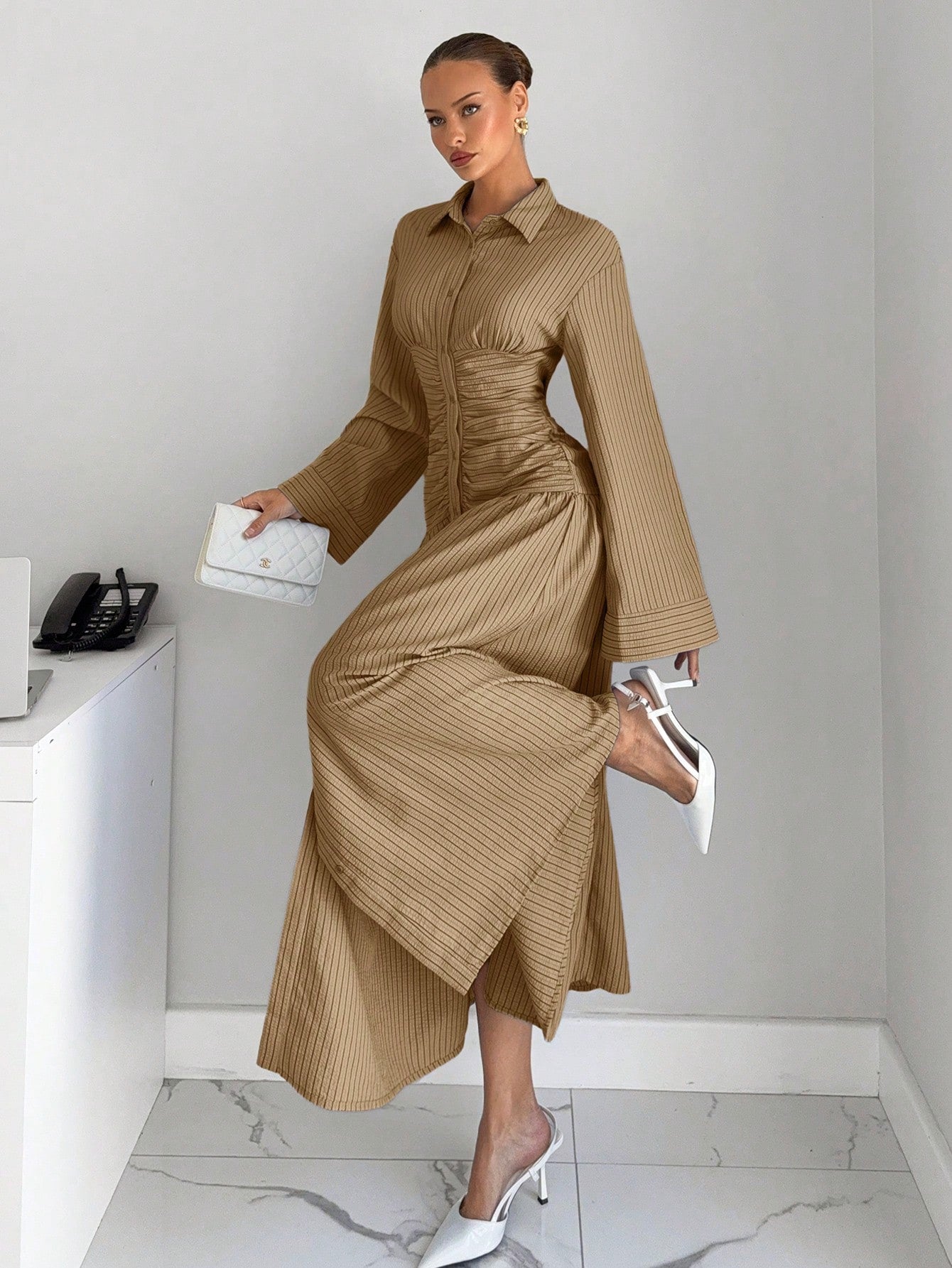 Siren Gaze Women's Striped Drop Shoulder Long Sleeve Pleated Shirt Dress,Dresses For Women Summer