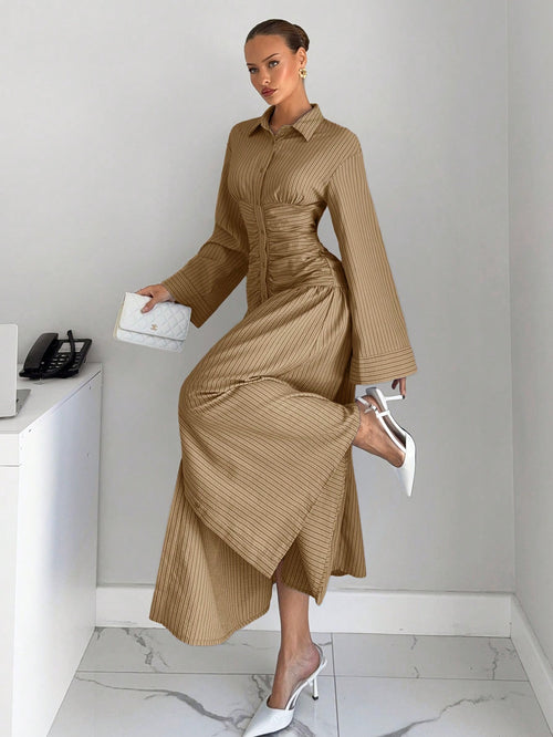 Siren Gaze Women's Striped Drop Shoulder Long Sleeve Pleated Shirt Dress,Dresses For Women Summer