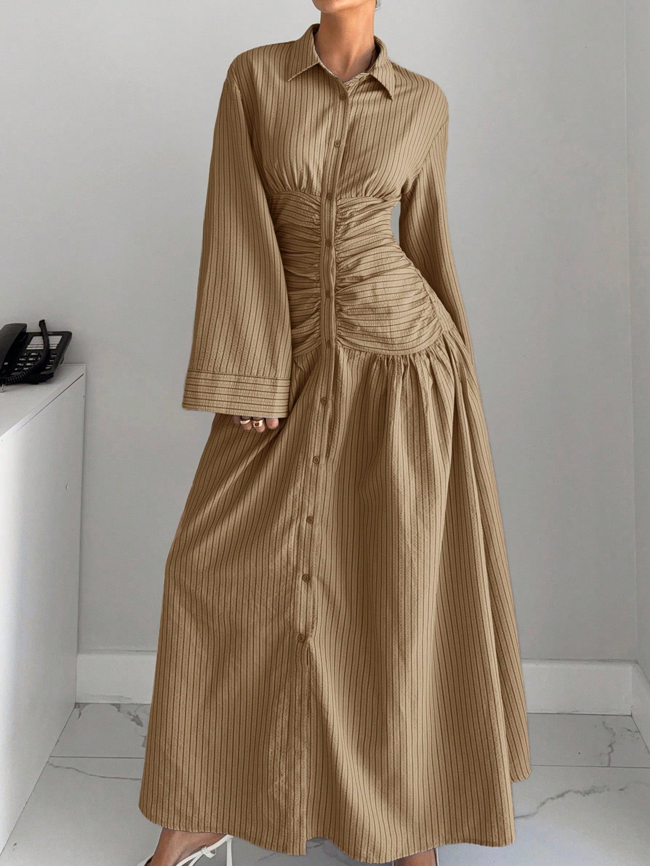 Siren Gaze Women's Striped Drop Shoulder Long Sleeve Pleated Shirt Dress,Dresses For Women Summer