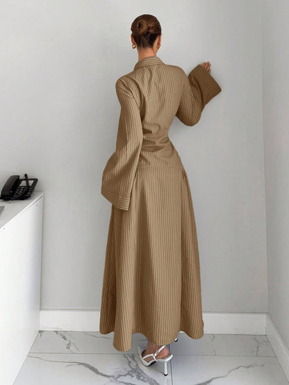 Siren Gaze Women's Striped Drop Shoulder Long Sleeve Pleated Shirt Dress,Dresses For Women Summer