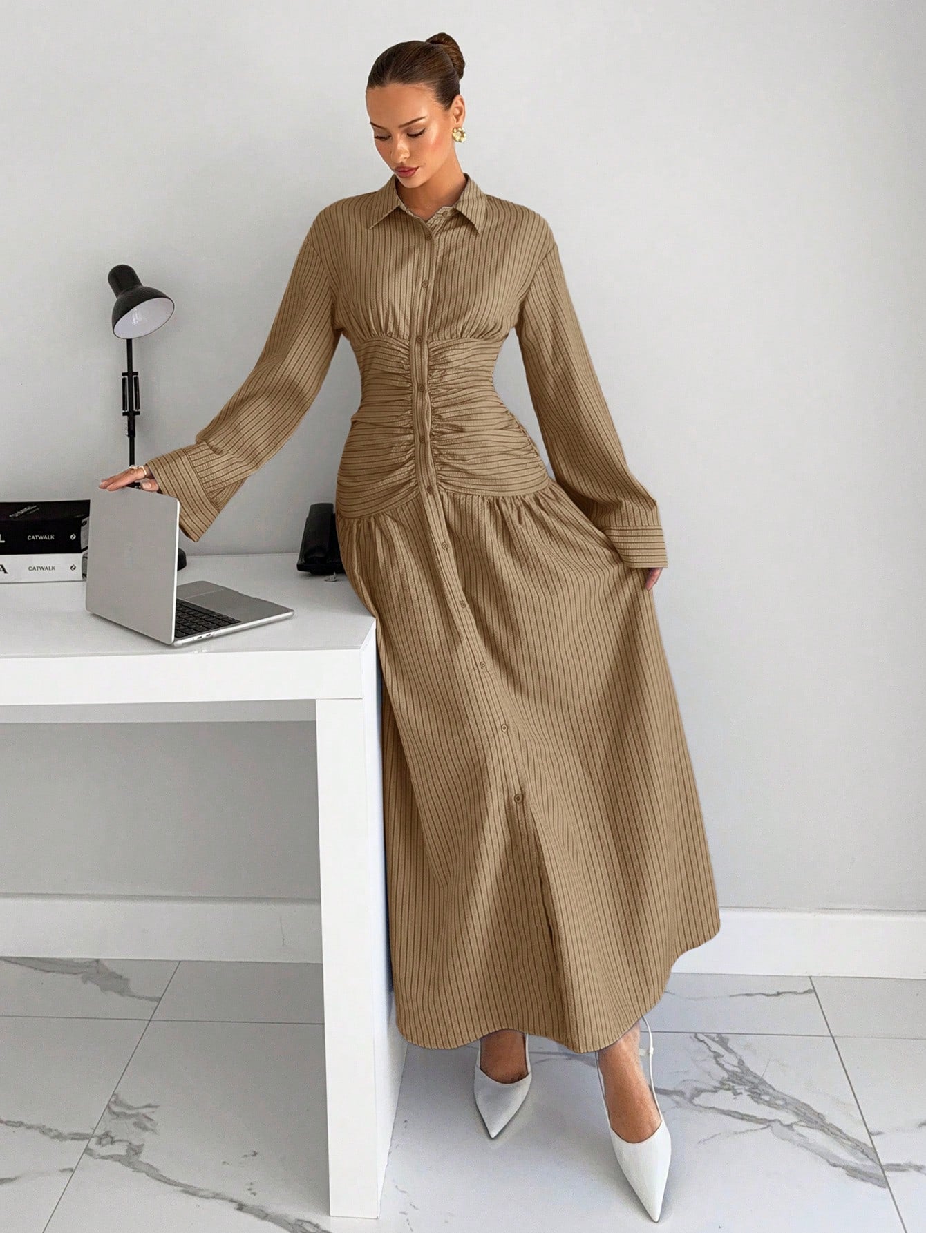 Siren Gaze Women's Striped Drop Shoulder Long Sleeve Pleated Shirt Dress,Dresses For Women Summer