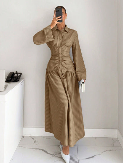 Siren Gaze Women's Striped Drop Shoulder Long Sleeve Pleated Shirt Dress,Dresses For Women Summer
