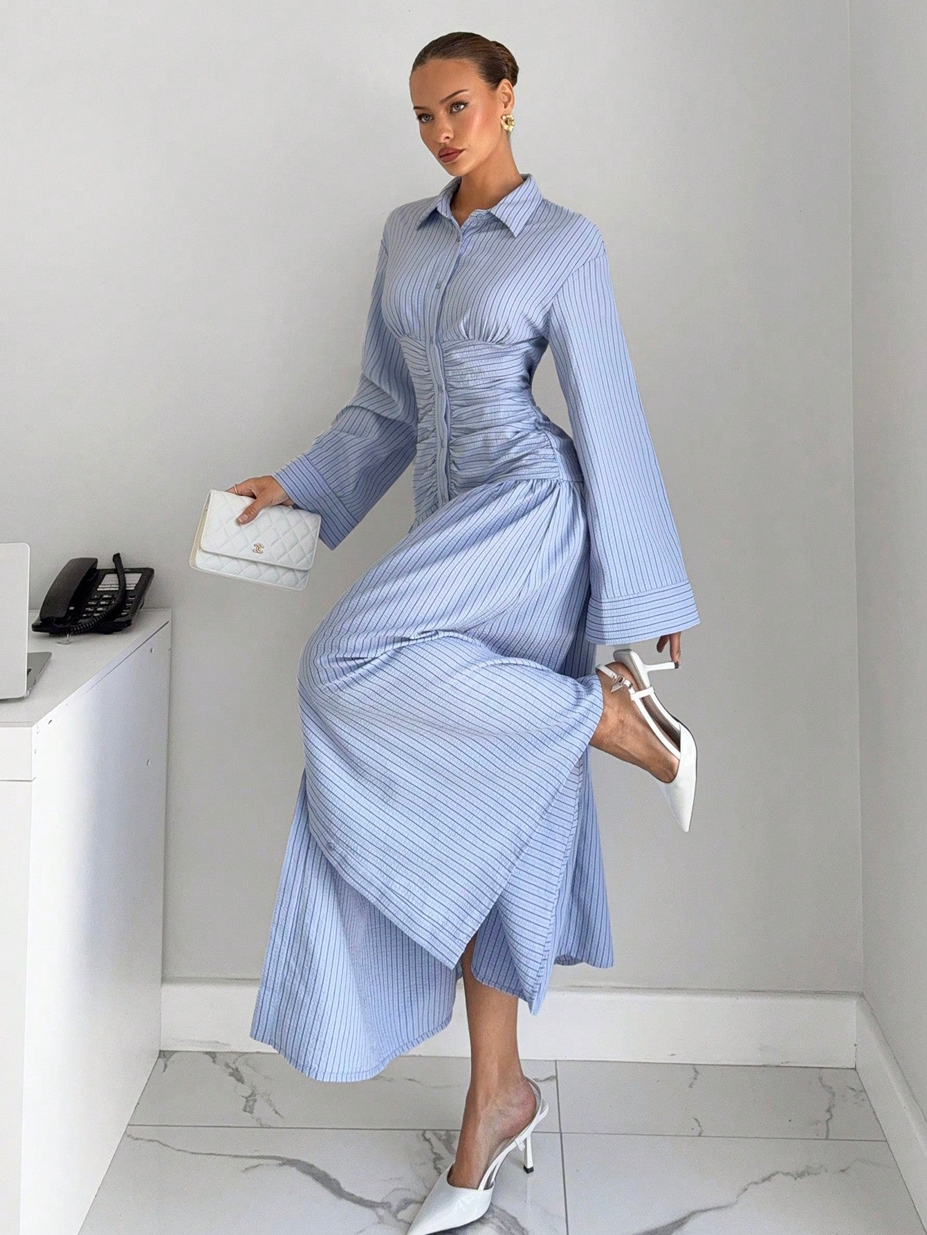 Siren Gaze Women's Striped Drop Shoulder Long Sleeve Pleated Shirt Dress,Dresses For Women Summer