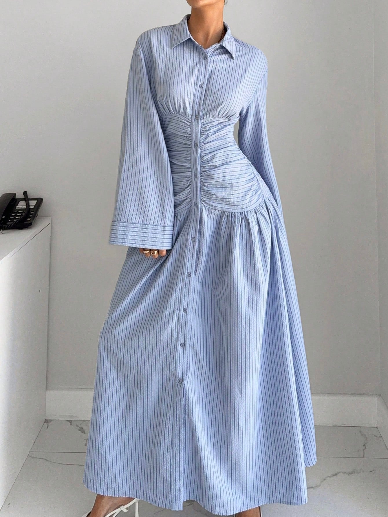 Siren Gaze Women's Striped Drop Shoulder Long Sleeve Pleated Shirt Dress,Dresses For Women Summer