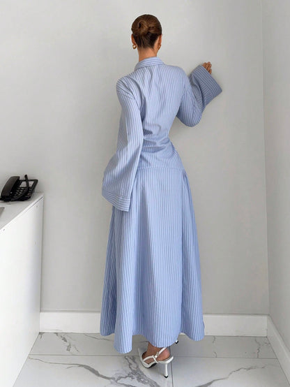 Siren Gaze Women's Striped Drop Shoulder Long Sleeve Pleated Shirt Dress,Dresses For Women Summer