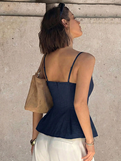 Siren Gaze Women's Summer Casual Vacation Minimalist Solid Color Peplum Cami Top With Embroidery And Mesh Panels,Summer Top