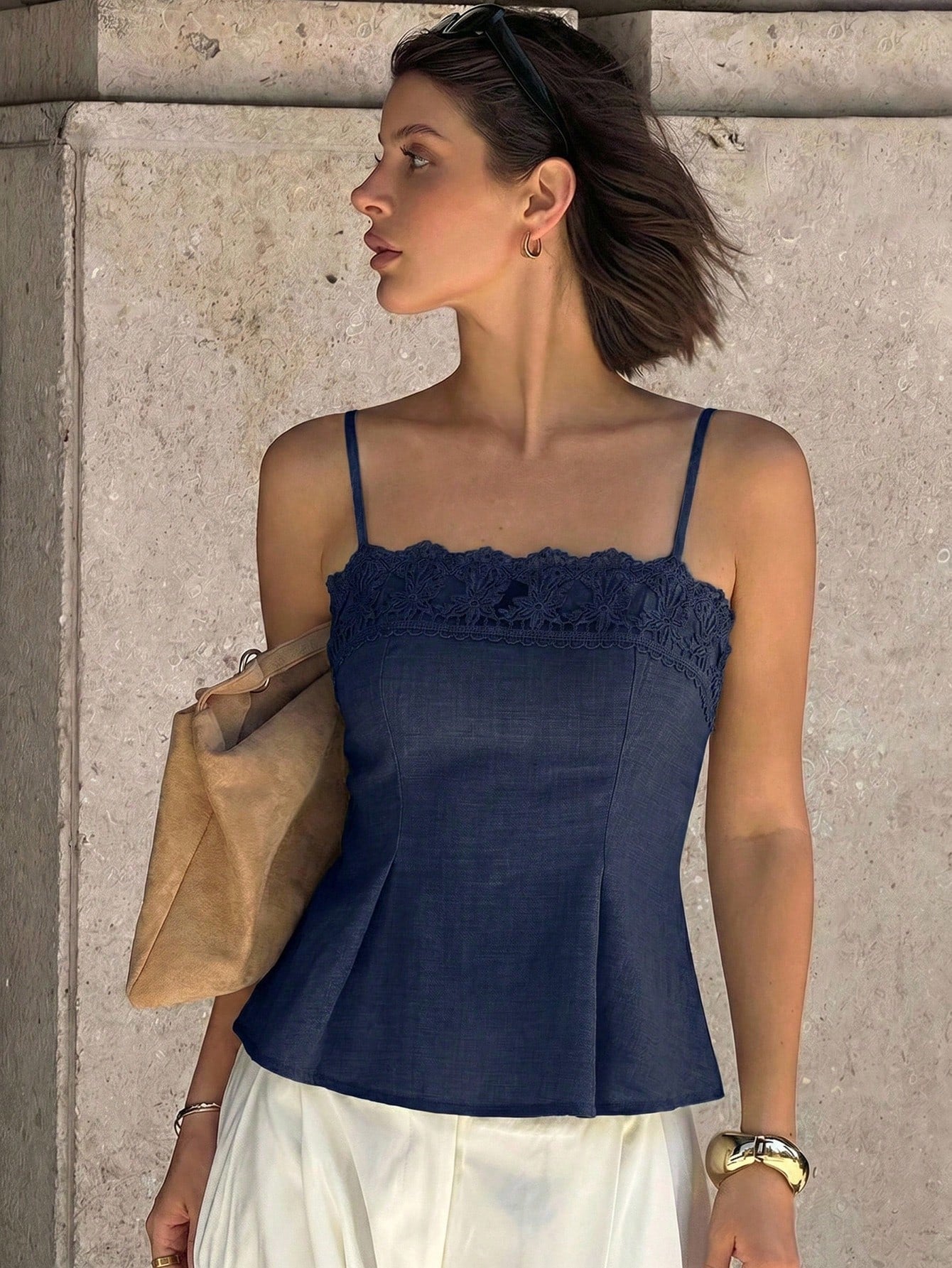 Siren Gaze Women's Summer Casual Vacation Minimalist Solid Color Peplum Cami Top With Embroidery And Mesh Panels,Summer Top